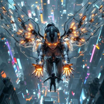 The primary subject of the image is a woman in a futuristic outfit, flying through the air with a man hanging from her arm. The setting is a futuristic cityscape, with a backdrop of a lit-up city. The visual style is a combination of photo and digital art, creating a dynamic and surreal atmosphere. The dominant colors are orange and blue, with the woman's outfit being predominantly orange, and the cityscape being illuminated by blue lights. The overall mood